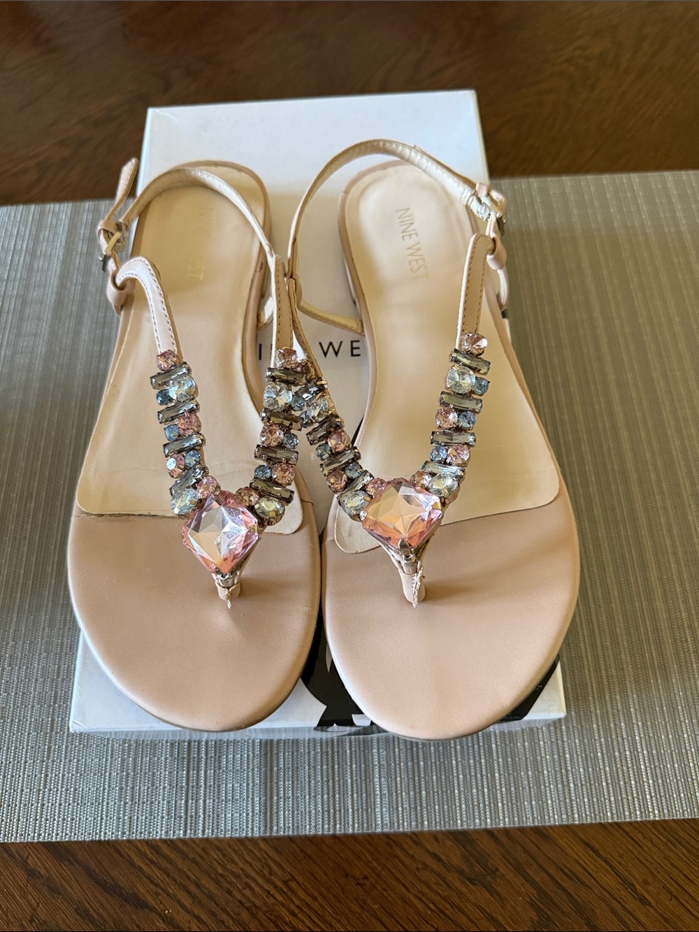 Nine West Blush Pink Jeweled T-Strap Sandals